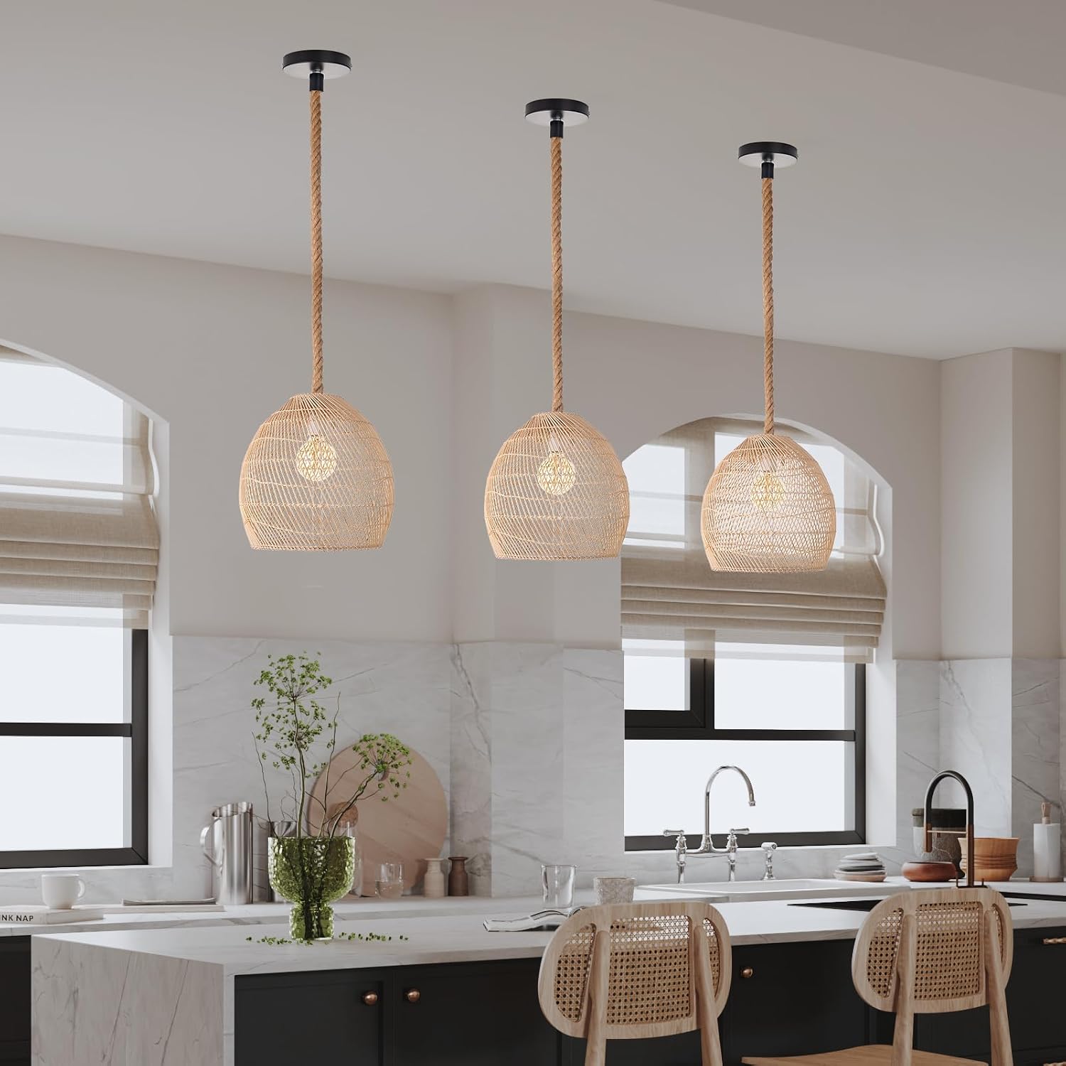 Hand‑Woven Natural Rattan Pendant Light