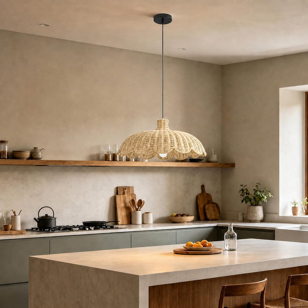 Scalloped Rattan Shade Dining‑Room Pendant Light