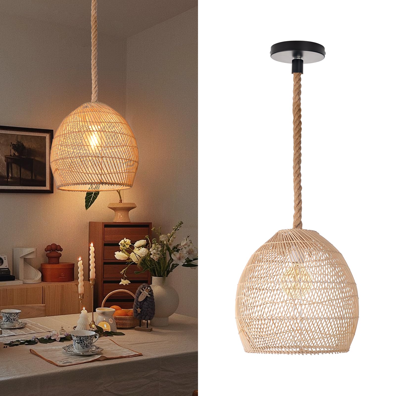 Hand‑Woven Natural Rattan Pendant Light