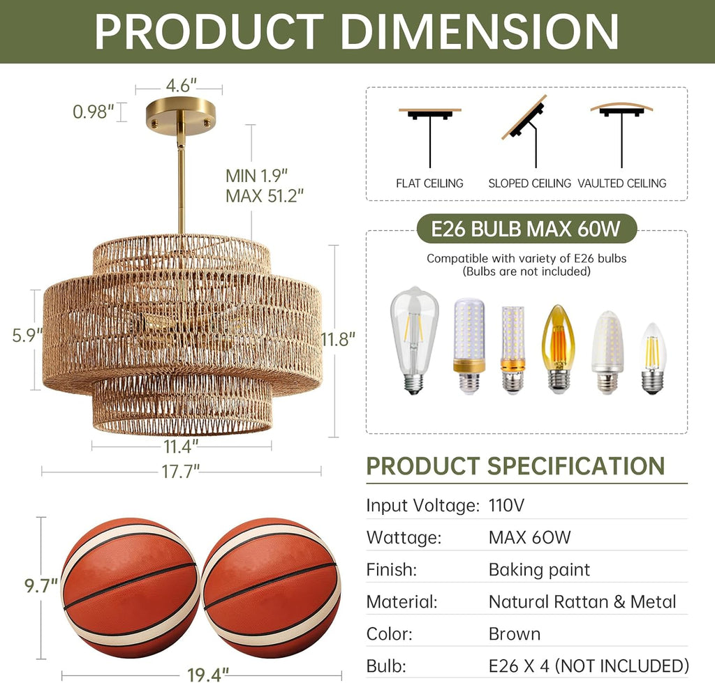 Large Boho Rattan Dining‑Room Pendant Light