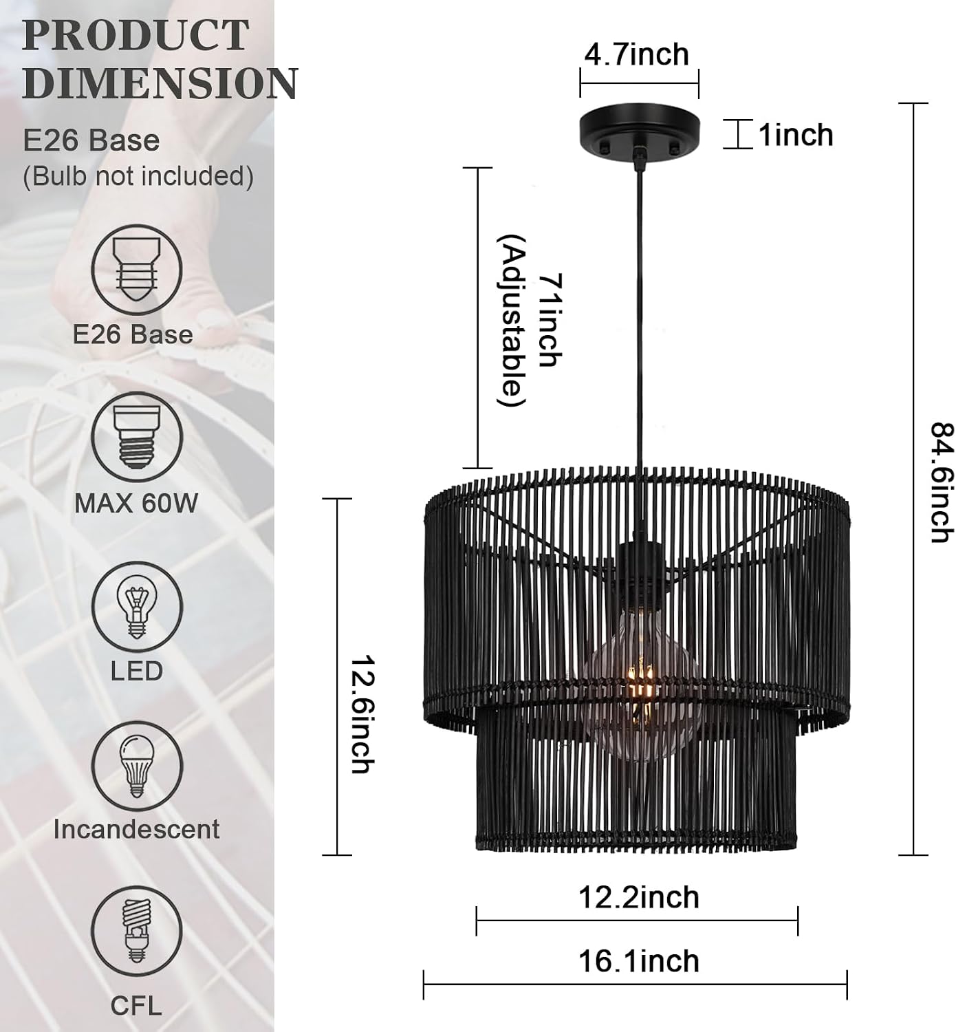 Natural Woven Rattan Hanging Pendant Light
